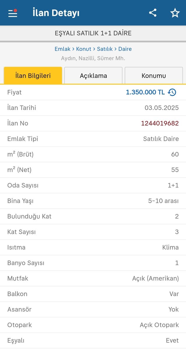 cembabafinans's tweet photo. İyi pazarlar herkese. 
Telefonumda sarı siteden alarmlar kurulu, her sabah bildirim gelir. 
Aşağıda paylaştığım ilan için ne düşünürsünüz?
Bu bölgeyi bilenler var mıdır? 
Bende Nazillili sayılırım ama sümer mah. civarını pek bilmiyorum. 
Üniversite kampüsü olan bir yer. 
Bu evi alıp kiraya veren birisinin kira çarpanı 135 olur. 
Sizce nasıl?