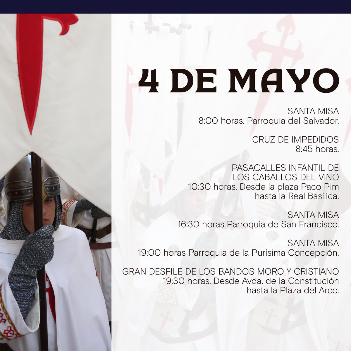ℹ️ FIESTAS DE #CARAVACA// Programa de actos para hoy, 4 de mayo. Consúltalo con más detalle en caravacaenfiestas.com 

#FiestasDeCaravaca2025