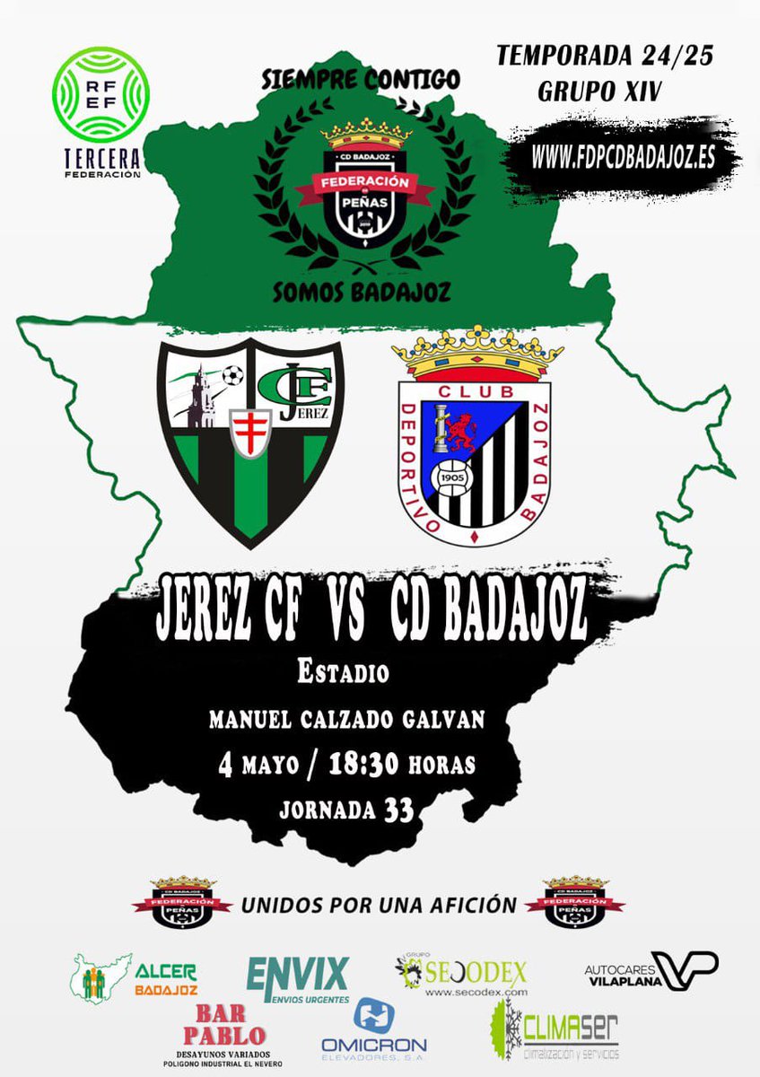 FEDERACIÓN DE PEÑAS DEL CD BADAJOZ (@fdp_cdb) on Twitter photo 🚨⚽ ᎻᎾᎽ ᎬᏕ ᎠłᎯ ᎠᎬ ᏰᎯᎠᎯ ⚽🚨
Última salida del calendario, pero no será la última de la temporada
Jerez 📍 73'6kms
Asegurar PO y la historia será diferente
Nadie querrá cruzarse con nosotros
🕡 18:30 <a href="/JerezClubFutbol/">Jerez C.F.</a> ⚔️ <a href="/CDBadajoz/">CD Badajoz</a>
#AupaCDB ⚪⚫ #SiempreContigo 🚨⚽ ᎻᎾᎽ ᎬᏕ ᎠłᎯ ᎠᎬ ᏰᎯᎠᎯ ⚽🚨
Última salida del calendario, pero no será la última de la temporada
Jerez 📍 73'6kms
Asegurar PO y la historia será diferente
Nadie querrá cruzarse con nosotros
🕡 18:30 <a href="/JerezClubFutbol/">Jerez C.F.</a> ⚔️ <a href="/CDBadajoz/">CD Badajoz</a>
#AupaCDB ⚪⚫ #SiempreContigo