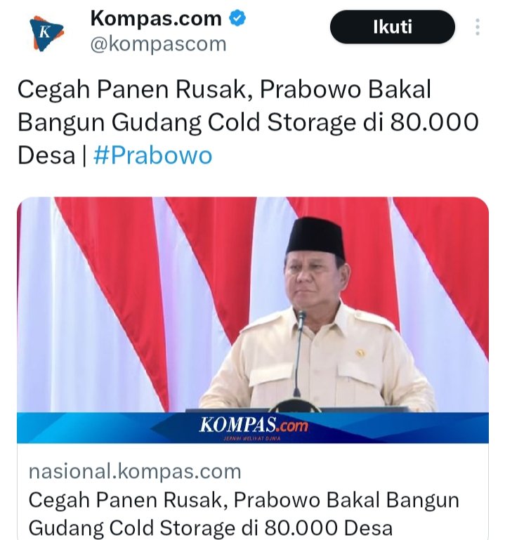 ๐ฒ๐จ B. Prasetya ๐ฒ๐จ (@bangsaygsujud) on Twitter photo Presiden <a href="/prabowo/">Prabowo Subianto</a> fokus membangun desa
Saat desa bermekaran maka RANUMLAH ekonomi Indonesia
Tidak tanggung2 segera dibangun 80.000 Gudang Cold Storage di desa2
Mbangun Deso Mbangun Negoro
Satu2nya jalan pemerataan kesejahteraan di wilayah Indonesia yg sangat luas
TOP ๐ช๐ฒ๐จ Presiden <a href="/prabowo/">Prabowo Subianto</a> fokus membangun desa
Saat desa bermekaran maka RANUMLAH ekonomi Indonesia
Tidak tanggung2 segera dibangun 80.000 Gudang Cold Storage di desa2
Mbangun Deso Mbangun Negoro
Satu2nya jalan pemerataan kesejahteraan di wilayah Indonesia yg sangat luas
TOP ๐ช๐ฒ๐จ