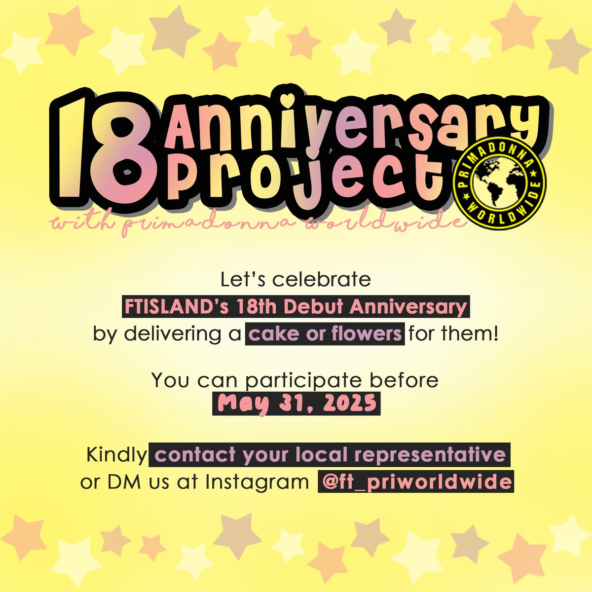 [PROJECT] FTISLAND 18th Anniversary

Primadonna Worldwide &amp; FTIndonesia ingin mengirim cake &amp; flower utk anniversary FT tahun ini.

Primadonna Indonesia yg mau partisipasi ditunggu s/d tgl 31 Mei 2025 yaa~

Contact:
DM <a href="/starloverz/">ardella☆</a>
WA 081807792702