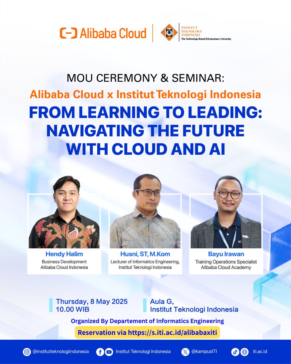 🚀 Alibaba Cloud x Institut Teknologi Indonesia

Seminar kekinian tema :
"From Learning to Leading: Navigating the Future with Cloud and AI"

📅 Kamis, 8 Mei 2025
🕙 Pukul 10.00 s.d 12.00 WIB
📍 Offline - Aula G, Institut Teknologi Indonesia

Reservasi :
s.iti.ac.id/alibabaxiti