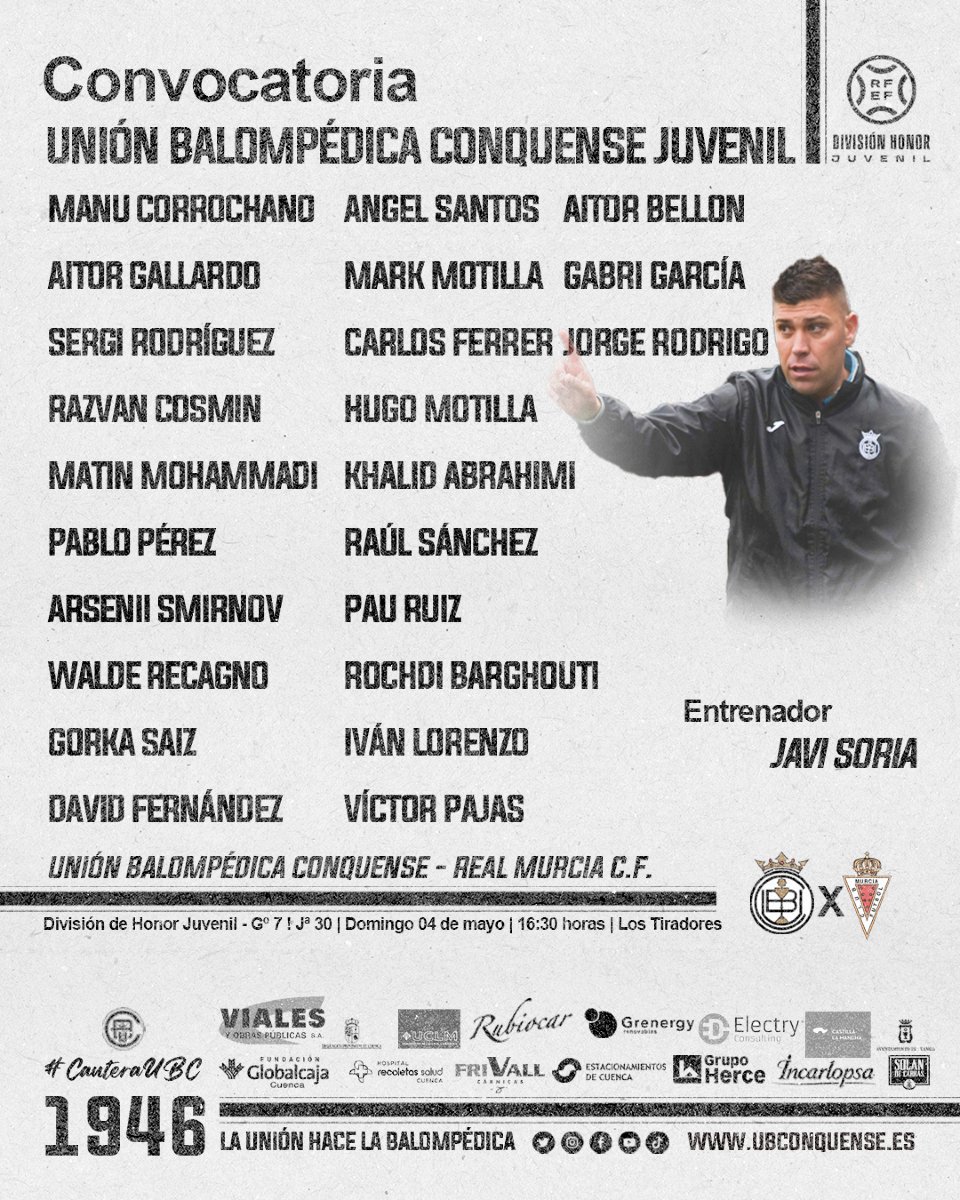📢 #UBCJuvenilDH❗

¡Hoy es el día! ¡Hoy se la juegan nuestros 🦁!

🏆 #divisióndehonorjuvenil - Jornada 30
⏰ 16:30 horas
🆚REAL MURCIA C.F.
🏟️ Los Tiradores
📋 Convocatoria de Javi Soria

¡𝙑𝙖𝙢𝙤𝙨 𝘾𝙤𝙣𝙦𝙪𝙚𝙣𝙨𝙚! ⚪⚫ #CanteraUBC