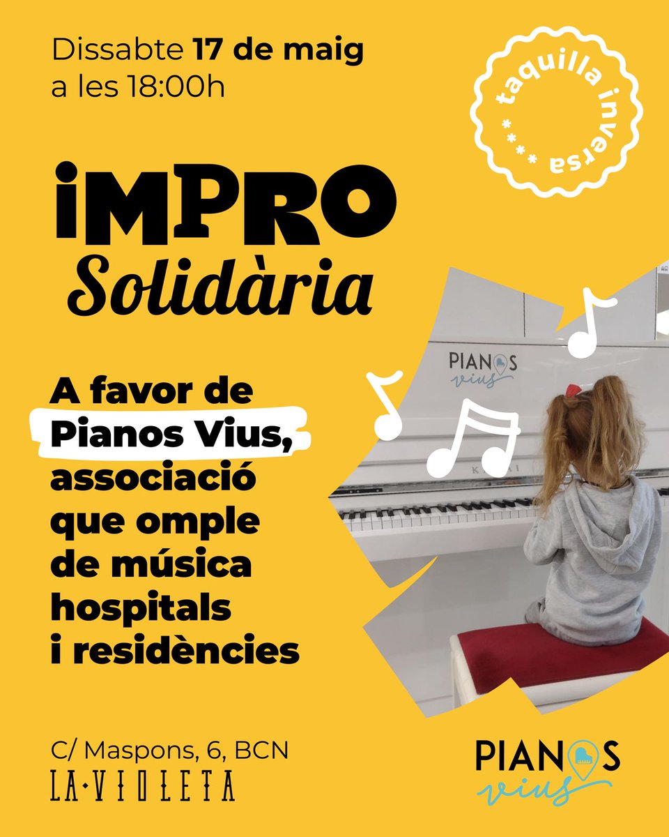 Proposta d'oasi de bon rotllo de dissabte.

I M P R O   S O L I D À R I A

17 maig 18h, Impro Solidària dedicada a Pianos Vius! 🎹

Centre La Violeta de Gràcia, a taquilla inversa.
maps.app.goo.gl/Mwiz7uXzVYMFcs… 

Més info: tinyurl.com/hszvram2