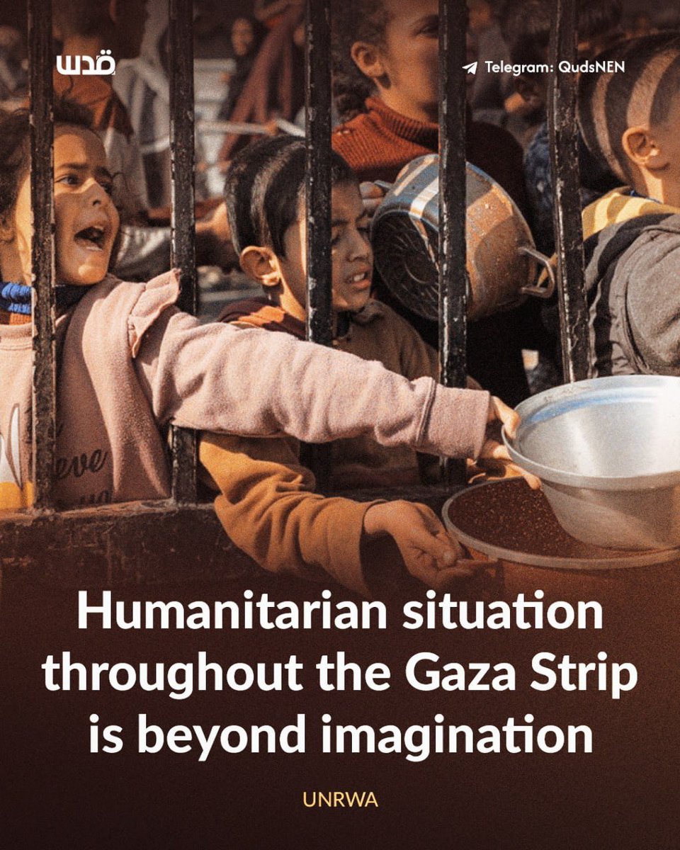 QudsNen's tweet photo. The UN agency for Palestinian refugees (UNRWA) has warned that the humanitarian situation across the Gaza Strip is beyond imagination, calling on the international community to take serious action to stop this catastrophe from “reaching an unseen level”.

For nine weeks, Israel has blocked the entry of humanitarian aid, including food, medications, and supplies essential for survival.