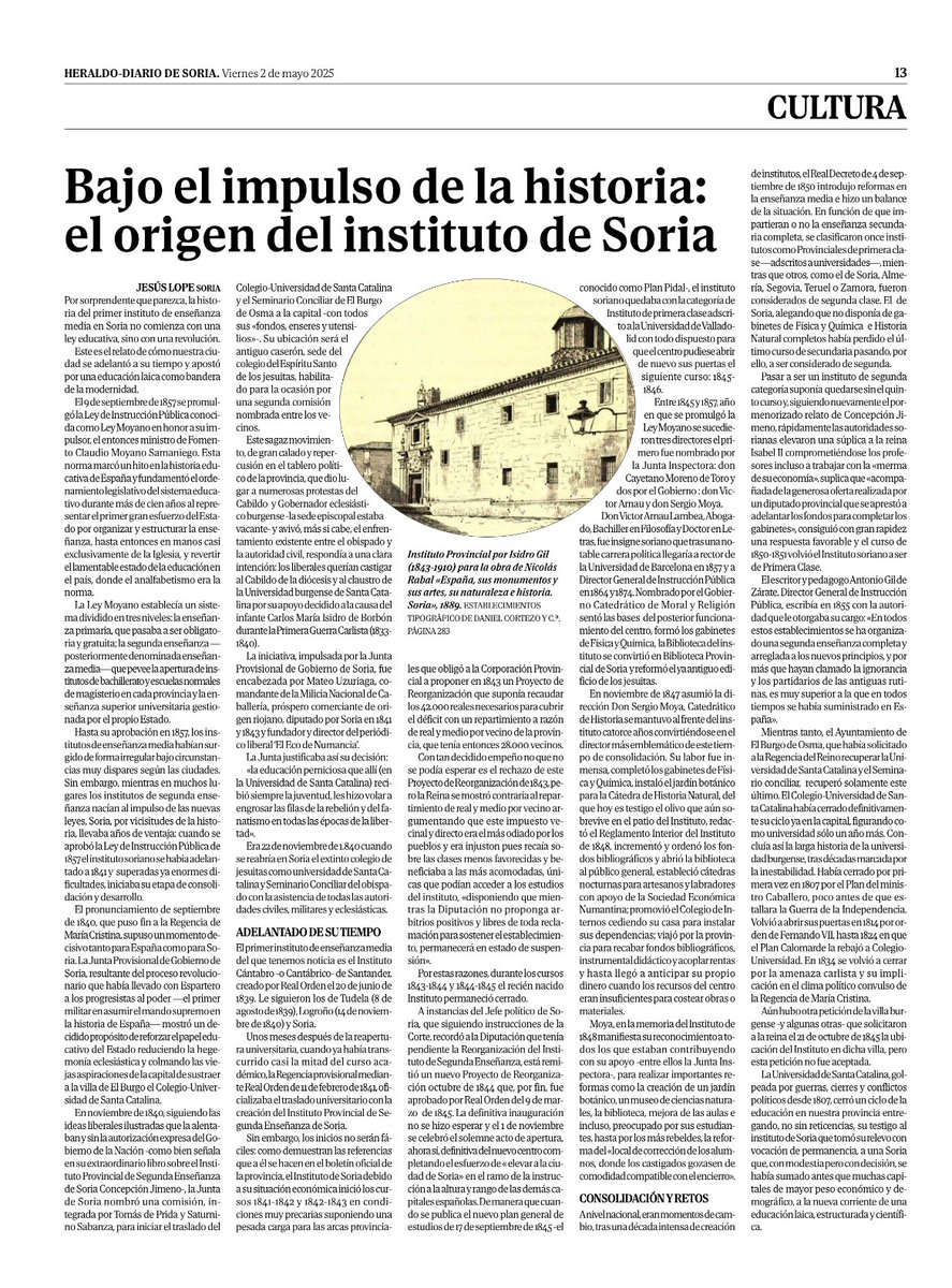 Nuestro compañero y amigo, Jesús Lope Antón, de <a href="/HistoriaMachado/">Historia Machado</a> ha publicado estos días en <a href="/diariodesoria/">Heraldo Diario de Soria</a> 
“Bajo el impulso de la historia: el origen del instituto de Soria”.
Un recuerdo de la gran Concha Jimeno que tanto nos enseñó.