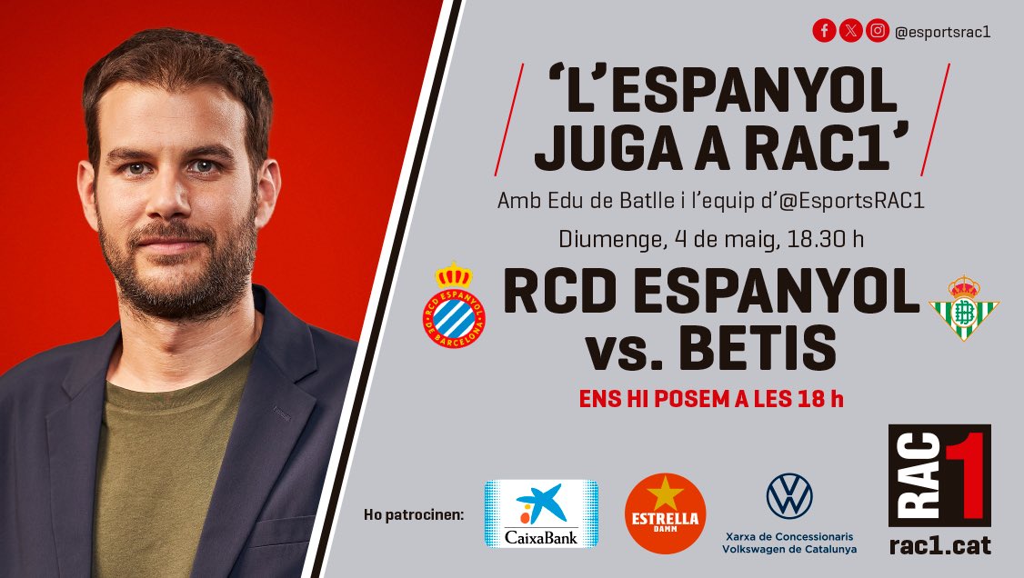 Esports RAC1 (@esportsrac1) on Twitter photo 💥 L'Espanyol juga a RAC1!
Viu l’Espanyol - Betis amb la narració d'<a href="/edudebatlle/">Edu de Batlle</a> i els comentaris de <a href="/SolsonaDani/">Dani Solsona</a>, <a href="/xpuig75/">Xavi Puig</a>, <a href="/Albert_FF/">AlVert Ferran Farrés</a> i <a href="/jaumemullor/">Jaume Mullor</a>.
Escolta'ns 👇
📻 <a href="/rac1/">RAC1</a>
💻 rac1.cat
📲 App
#⃣ #frac1 💥 L'Espanyol juga a RAC1!
Viu l’Espanyol - Betis amb la narració d'<a href="/edudebatlle/">Edu de Batlle</a> i els comentaris de <a href="/SolsonaDani/">Dani Solsona</a>, <a href="/xpuig75/">Xavi Puig</a>, <a href="/Albert_FF/">AlVert Ferran Farrés</a> i <a href="/jaumemullor/">Jaume Mullor</a>.
Escolta'ns 👇
📻 <a href="/rac1/">RAC1</a>
💻 rac1.cat
📲 App
#⃣ #frac1
