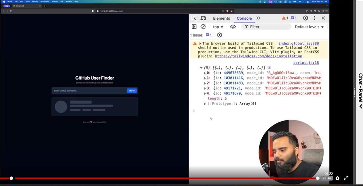 isha_singh06's tweet image. 🚀 #Day67 | #Class67 | JavaScript Async Project – GitHub User Finder 🎯

async/await for smooth API calls
DOM manipulation to dynamically update UI
Error handling for invalid usernames
Fetching live data like public repos, followers, and bio from GitHub