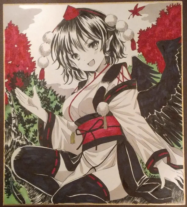 【アナログ絵】天狗装束あやや描きました例大祭に持ち込みます～(未調整のカメラ画像失礼します) 