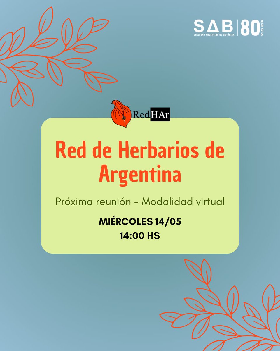 Sociedad Argentina de Botánica (@sabotanica) on Twitter photo 🌿✨ REUNIÓN DE LA RED DE HERBARIOS ✨🌿 #RedHAr
📅 Miércoles 14 de Mayo
⏰ 14:00 hs
🔗 Si formas parte de un herbario y te interesa participar de las reuniones de la red, escribinos a:
📩 red.herbarios.argentina@gmail.com
¡Los esperamos! 🌱📚 🌿✨ REUNIÓN DE LA RED DE HERBARIOS ✨🌿 #RedHAr
📅 Miércoles 14 de Mayo
⏰ 14:00 hs
🔗 Si formas parte de un herbario y te interesa participar de las reuniones de la red, escribinos a:
📩 red.herbarios.argentina@gmail.com
¡Los esperamos! 🌱📚