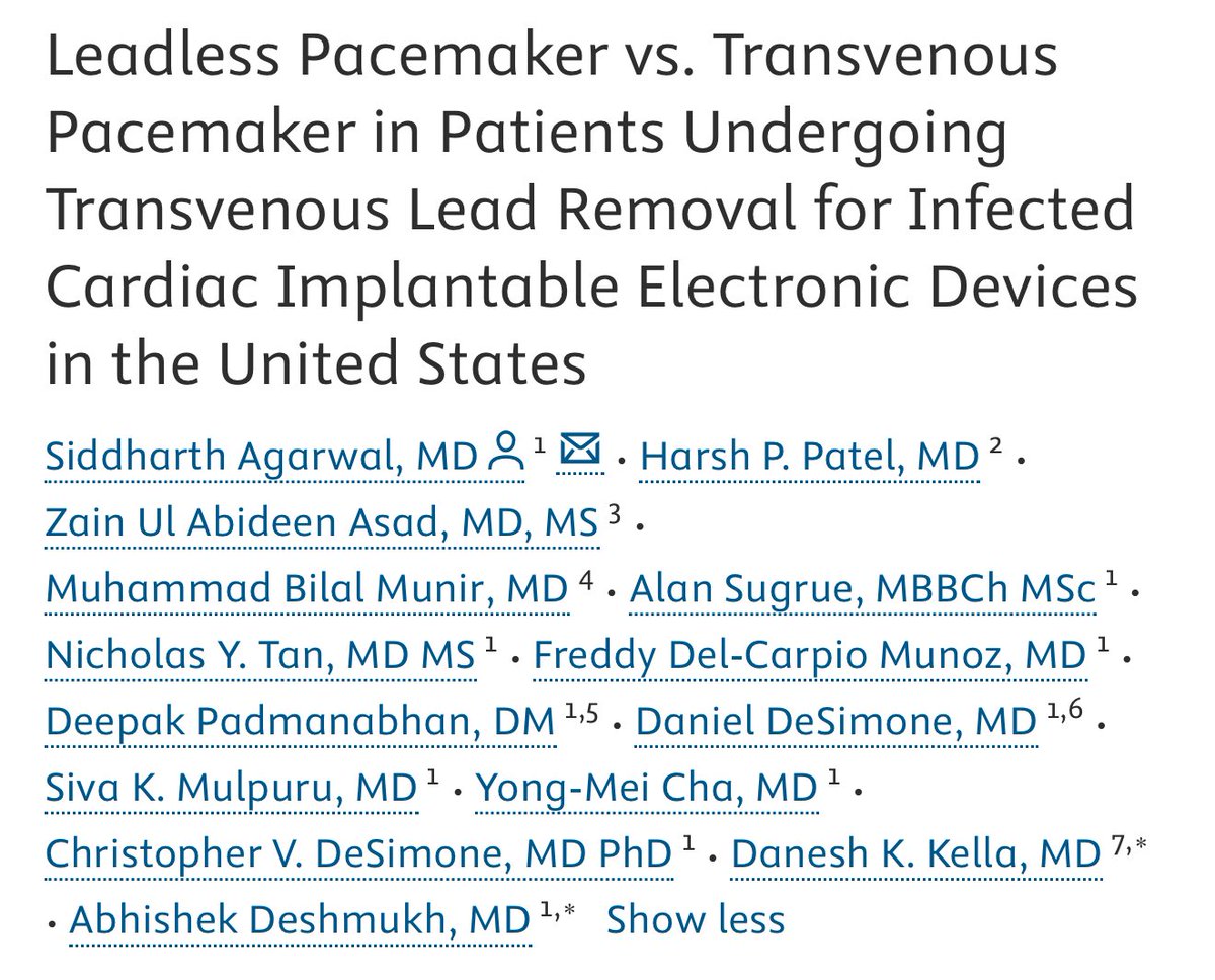 Siddharth Agarwal (he/him) (@sidagarwalmbbs) on Twitter photo 🔥🚨Excited to share our recent 📝 looking at the differences in outcomes between #leadless vs. #transvenous pacemakers in patients undergoing lead removal for CIED infections in the 🇺🇸
<a href="/MayoClinicCV/">Mayo Clinic CV</a> <a href="/MayoCVFellows/">Mayo Clinic Rochester Cardiology Fellows</a> 🔥🚨Excited to share our recent 📝 looking at the differences in outcomes between #leadless vs. #transvenous pacemakers in patients undergoing lead removal for CIED infections in the 🇺🇸
<a href="/MayoClinicCV/">Mayo Clinic CV</a> <a href="/MayoCVFellows/">Mayo Clinic Rochester Cardiology Fellows</a>