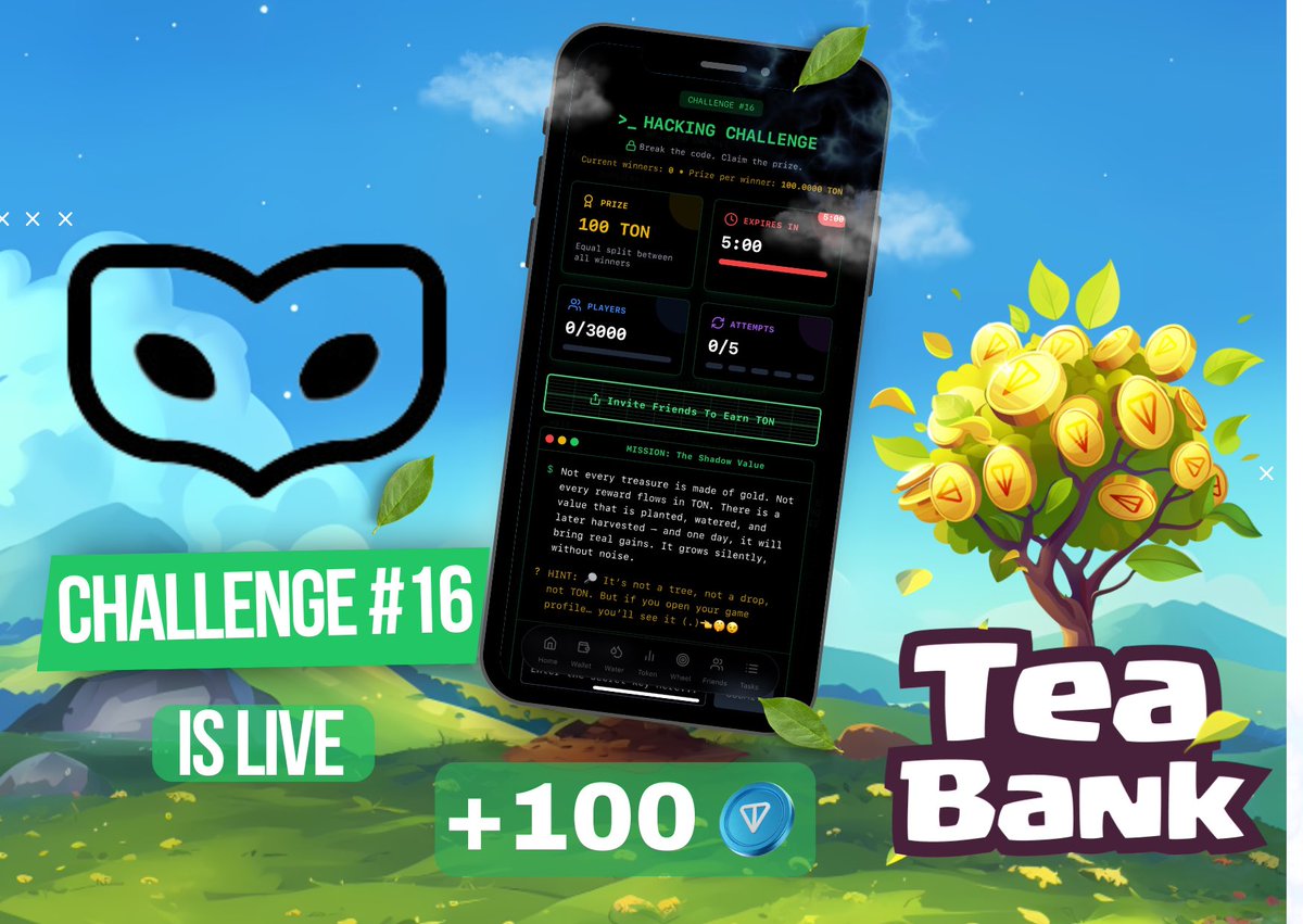 TeaBankio's tweet image. 🔥Prize: 100 TON, Challenge #16 has been launched!

☁️Description:
Not every treasure is made of gold. Not every reward flows in TON.
There is a value that is planted, watered, and later harvested — and one day, it will bring real gains.
It grows silently, without noise.

Hint:‼️…