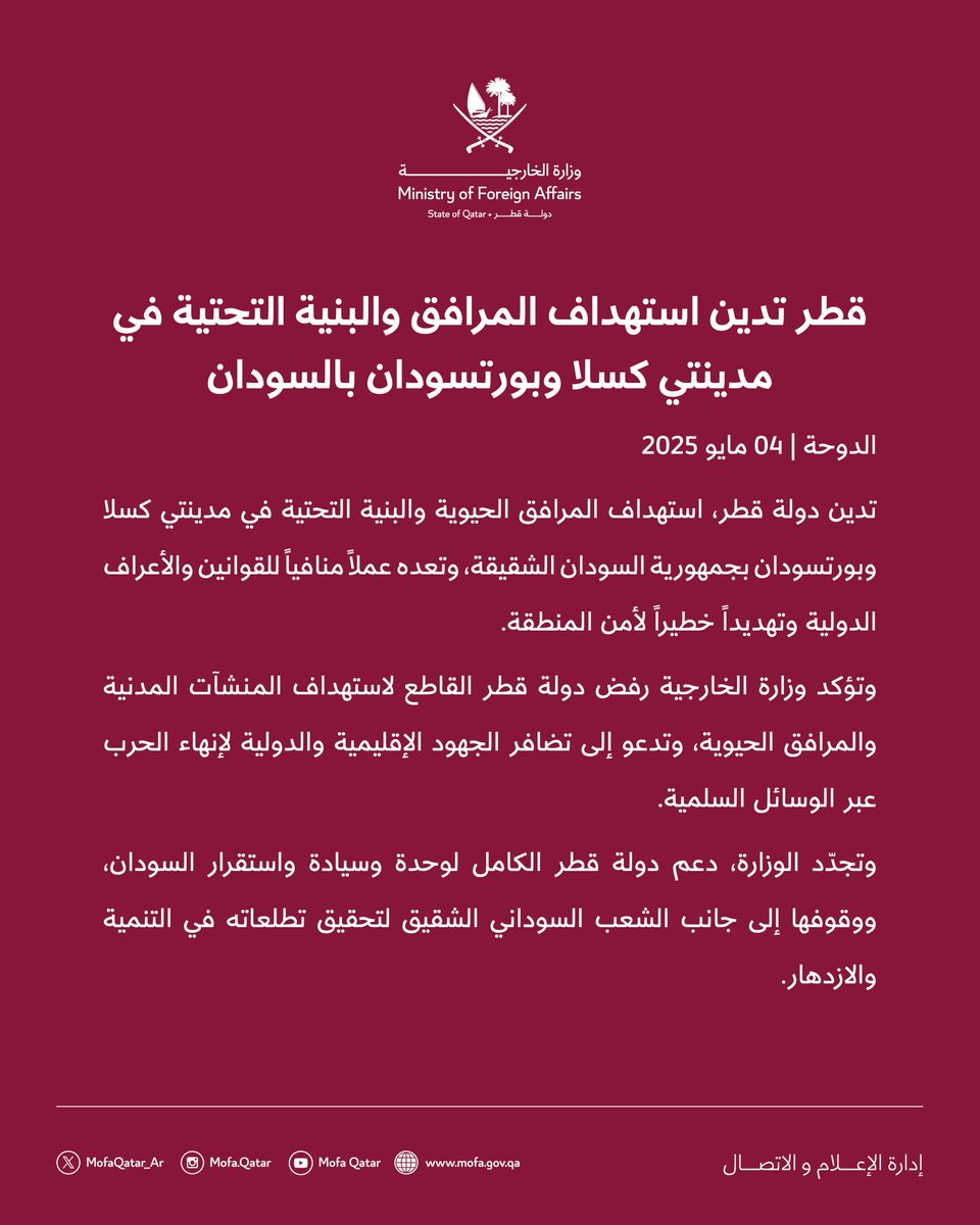 MofaQatar_AR's tweet image. #بيان | قطر تدين استهداف المرافق والبنية التحتية في مدينتي كسلا وبورتسودان بالسودان

#الخارجية_القطرية