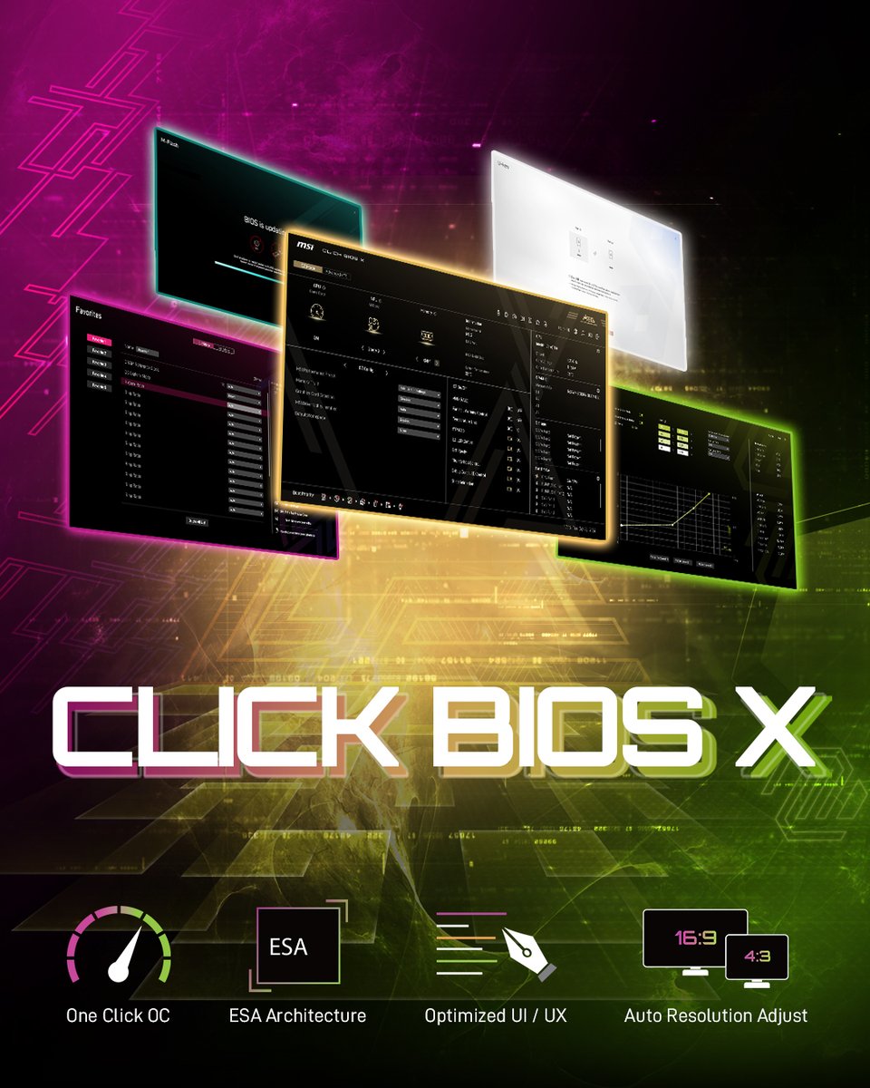 msigaming's tweet image. The all-new Click BIOS X features a revamped interface that lets users effortlessly monitor system information and simplifies overclocking. Built into Intel and AMD 800 series motherboards, it&apos;s tailored for both gamers and creators. Learn more: msi.gm/BIOS_Click