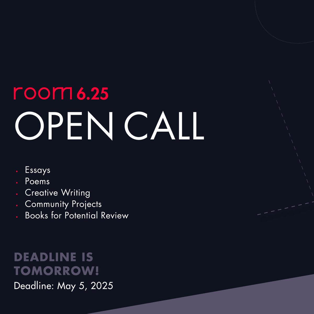 AnalyticRoom's tweet image. Our submission deadline is tomorrow!
Consider sending in your writing to ROOM as we contend with our complicated external and internal worlds.
Submit here: analytic-room.com/submit/