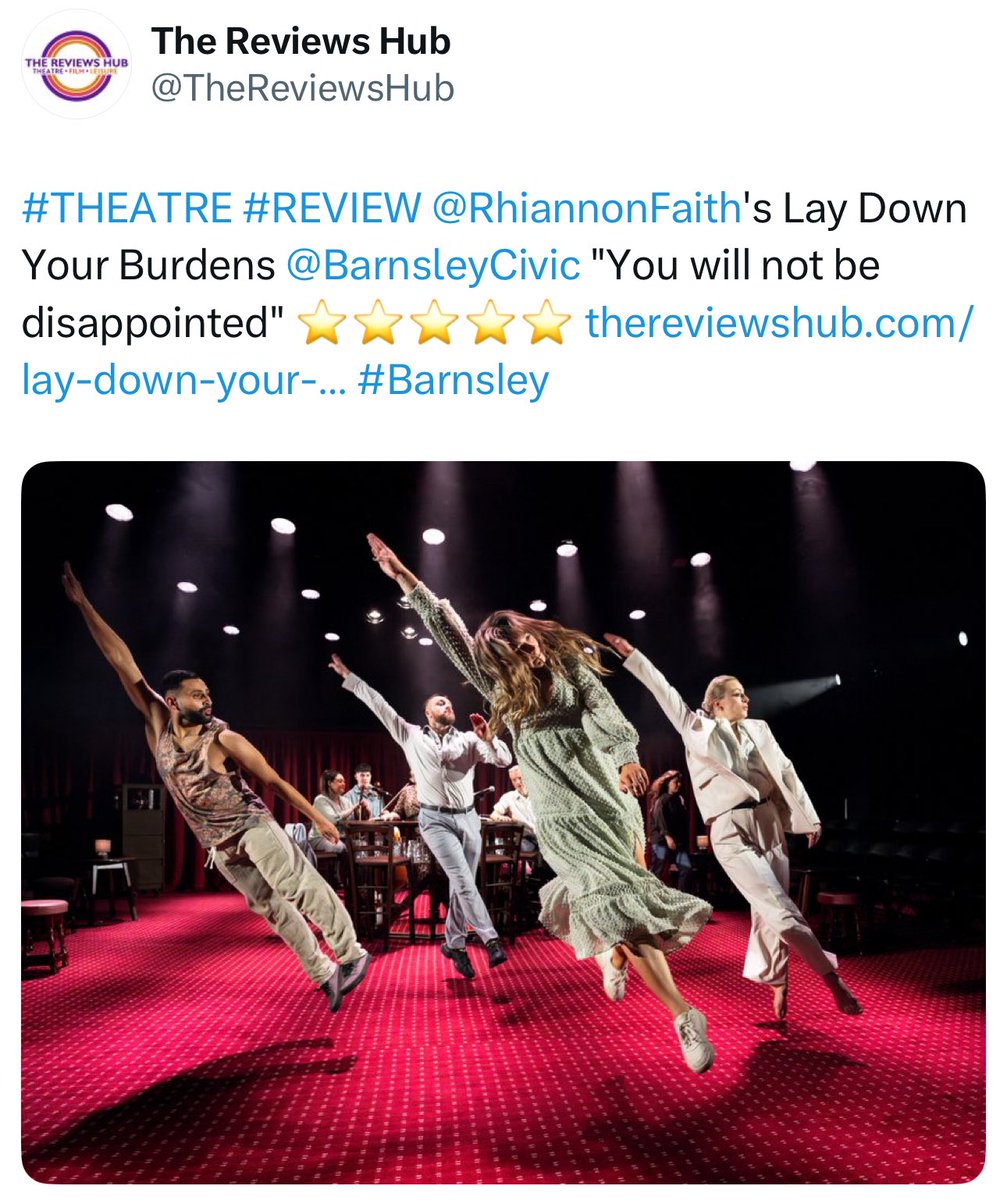 🌟🌟🌟🌟🌟 The Reviews Hub for Lay Down Your Burdens 🙌

Your final chance to catch our show (🥹) is at Warwick Arts Centre next week! Come and join the gang for an incredible night 🤍

Read here: thereviewshub.com/lay-down-your-…