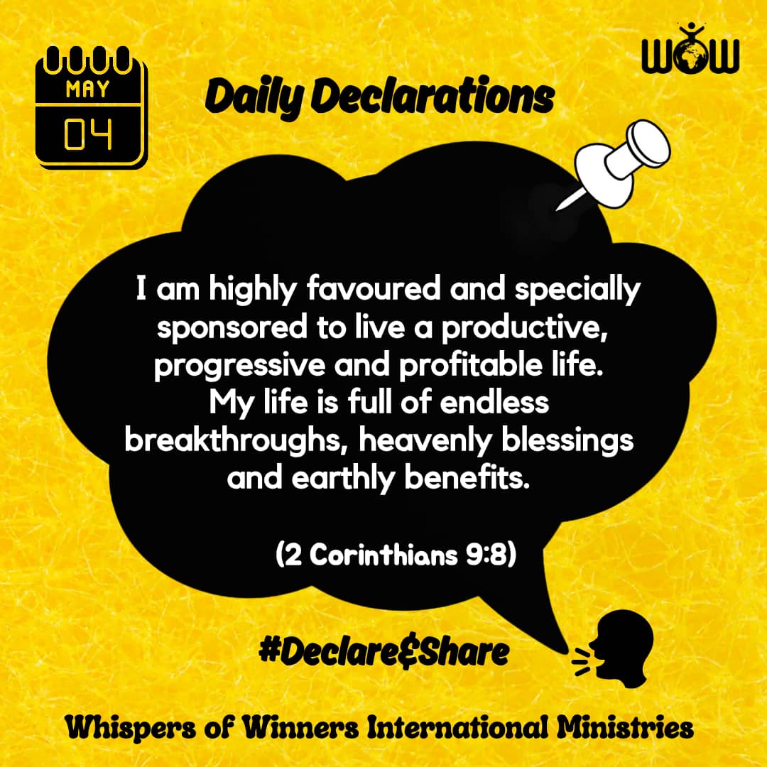 WinnersWhispers's tweet image. Declare this:

I am highly favoured and specially sponsored to live a productive, progressive and profitable life. My life is full of endless breakthroughs, heavenly blessings and earthly benefits. 

#Declare&amp;amp;Share
#WhispersofWinners