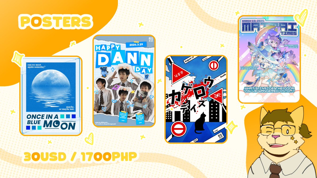 [ GRAPHIC DESIGN C💫MMISSIONS ]

Hello there! I still have 4 slots for logos, and I'll be opening 4 new slots for a new offering which are poster c💫mms. Message me if you're interested!

Portfolio and T&amp;C are in the comments! Likes &amp; Retweets are greatly appreciated!