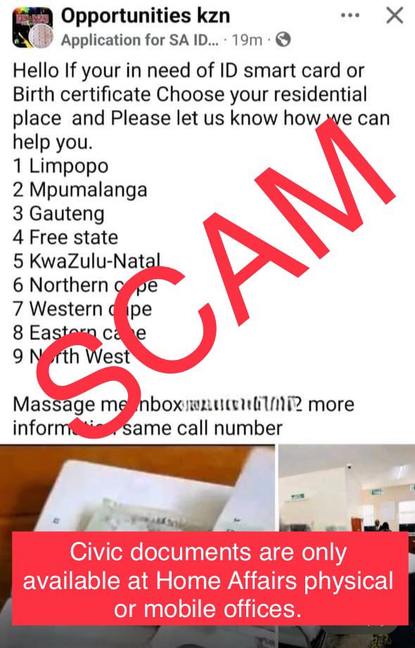 Scammers dont take holidays! Stay Vigilant! Civics documents are only available at Home Affairs physical and mobile offices. #TeamHomeAffairs #DHAServiceDelivery