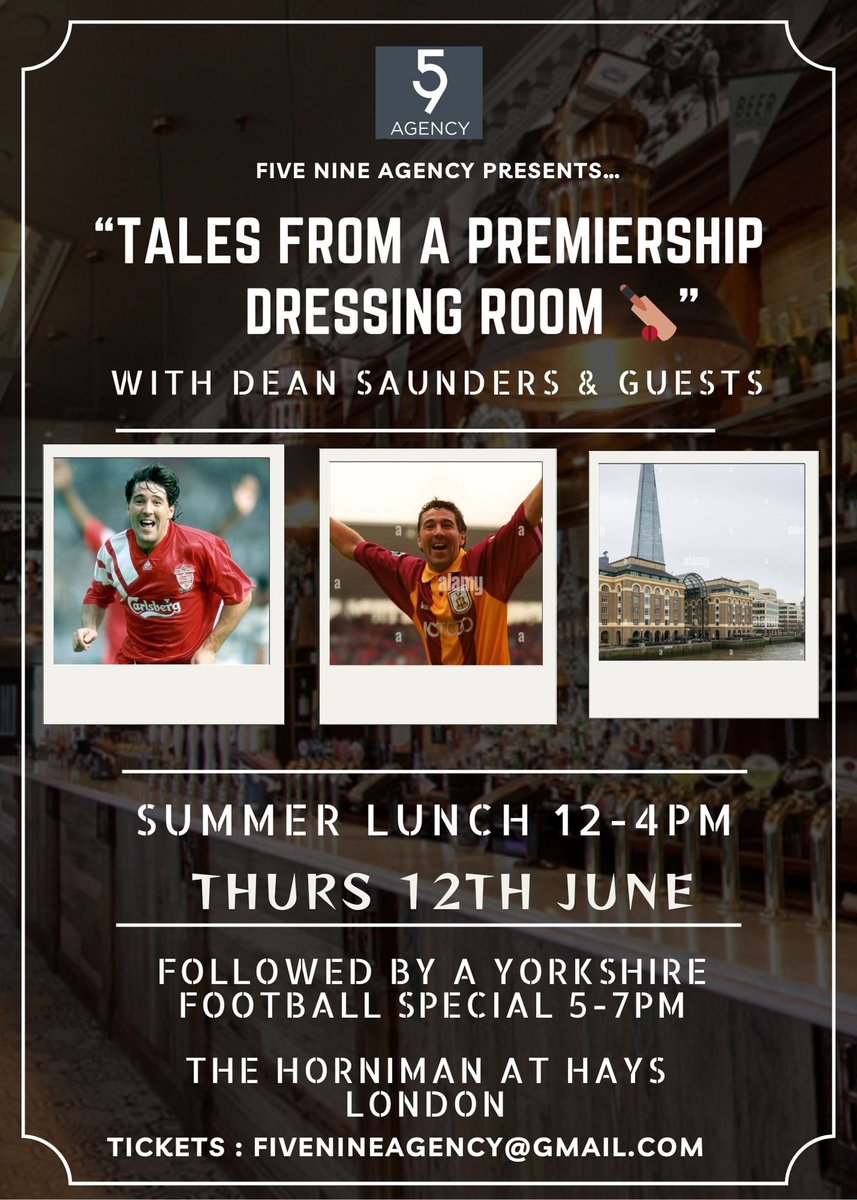 FIVE NINE AGENCY (@fivenine_agency) on Twitter photo For all London / Southern based #Bantams we will be hosting a very special Promotion party on 12th June in central London with a host of former #BCAFC players joining us including Dean Saunders as headline speaker.
For details please email 📧 FiveNineAgency@gmail.com For all London / Southern based #Bantams we will be hosting a very special Promotion party on 12th June in central London with a host of former #BCAFC players joining us including Dean Saunders as headline speaker.
For details please email 📧 FiveNineAgency@gmail.com