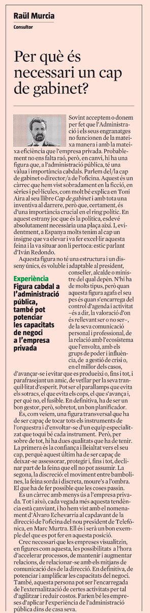 toniaira's tweet photo. “Per què és necessari un cap de gabinet?” 🤓 Ho raona avui @Raulmuto, citant el manual #CapDeGabinet i al creador del “gabinet total” a la Moncloa, @thewarroomblog.

Perquè, sens dubte, el #dirgab pot marcar la diferència en els engranatges (i els resultats) d'una organització. https://t.co/Epgf5cwenu