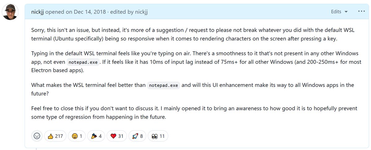 If you're using a tool that you really like, maintainers of the project are usually ok with giving praise to it on GitHub.

I remember doing this once for the Microsoft Terminal because it feels really good to type in.

github.com/microsoft/term…