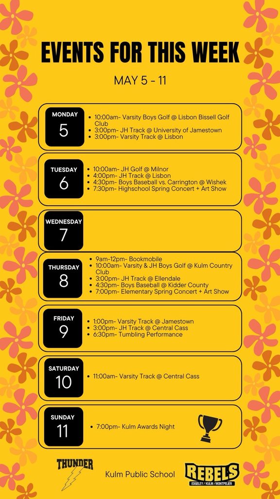 Activity schedule for May 5-11.