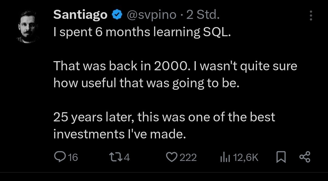 Wer braucht 6 Monate um SQL zu lernen???

Diese "KI Influenzer" sind nach LinkedIn Influenzer die nächste Pandemie.