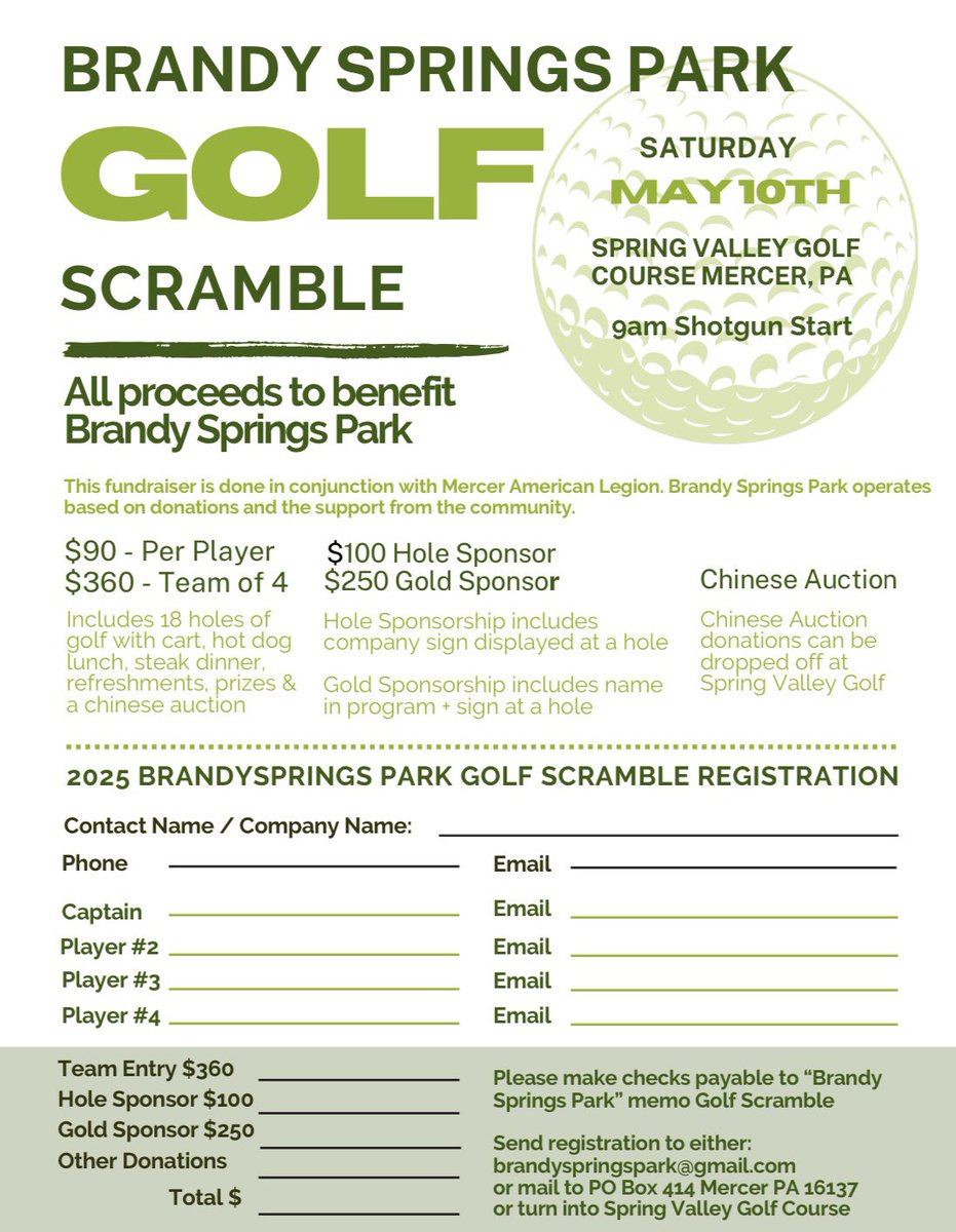The Brandy Springs Park Golf Scramble has some openings for this coming Saturday!