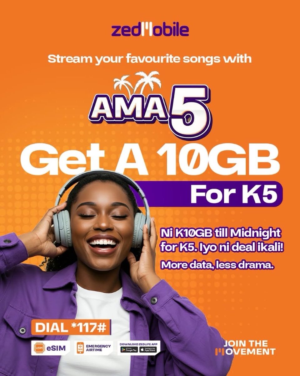 K5 = 10GB of streaming vibes! AMA 5 is here to turn up your day. More data, less drama – only with Zed Mobile. Dial *117# and join the movement now!!!