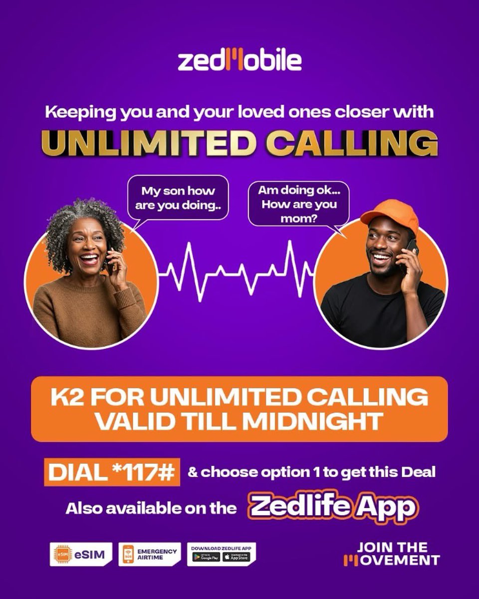 Hurry hurry while the promotion still lasts. Top up a K2 and get UNLIMITED calling valid upto midnight. Dial *117# and choose option 1 or get it through the Zedlife App on onelink.to/k725at 

#ZedMobile #JoinTheMovement #StayConnected #K2