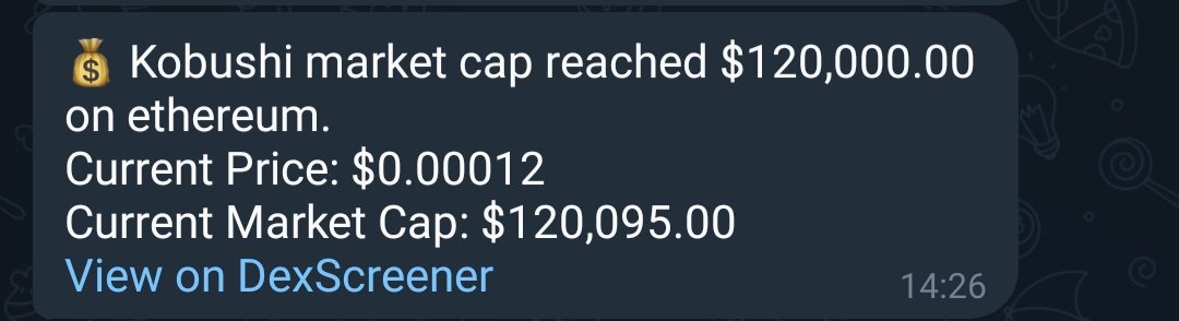 memecointf's tweet image. Used  @signago_bot to @KobushiCoin from 95k to 120k. We asked to be notified when market cap gets to 120k and we got notified immediately at 120k. @signago_bot is still in testing stage. Follow for more