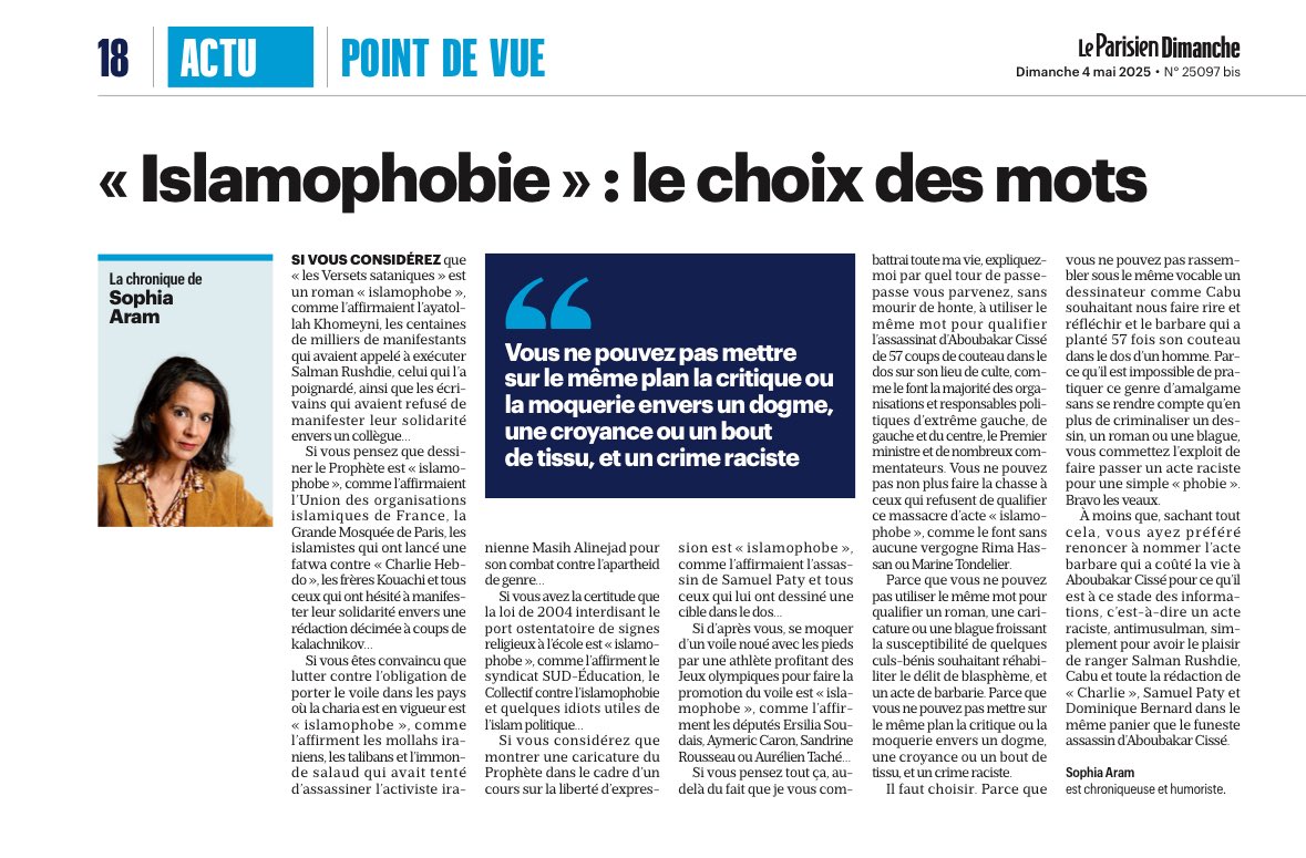 sophia aram (@sophiaaram) on Twitter photo Il faudra que les "escrocs de l’islamophobie" nous expliquent comment ils font pour désigner Salman Rushdie, Charlie Hebdo, Samuel Paty ou ma pomme avec le même mot que l'assassin qui a planté 57 coups de couteau dans le dos d'Aboubakar Cissé.
<a href="/le_Parisien/">Le Parisien</a> Il faudra que les "escrocs de l’islamophobie" nous expliquent comment ils font pour désigner Salman Rushdie, Charlie Hebdo, Samuel Paty ou ma pomme avec le même mot que l'assassin qui a planté 57 coups de couteau dans le dos d'Aboubakar Cissé.
<a href="/le_Parisien/">Le Parisien</a>