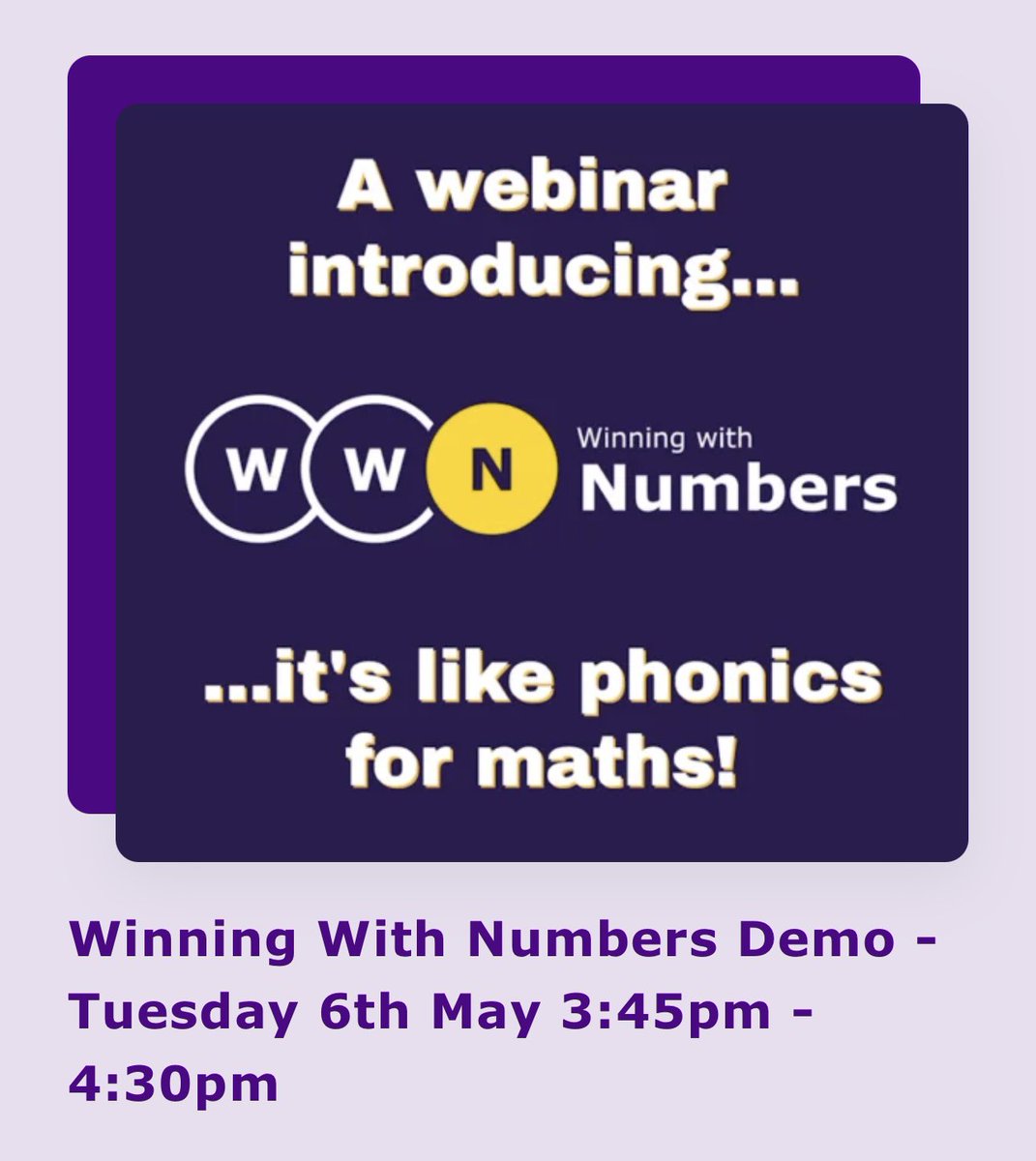 Do you have a programme that’s like PHONICS FOR MATHS? 

Join the webinar on Tuesday to find out about Winning With Numbers…it’s like PHONICS FOR MATHS! 

Curriculum, lessons resources, termly tracking…

Book your place here: 
wwnumbers.com/cpd-opportunit…