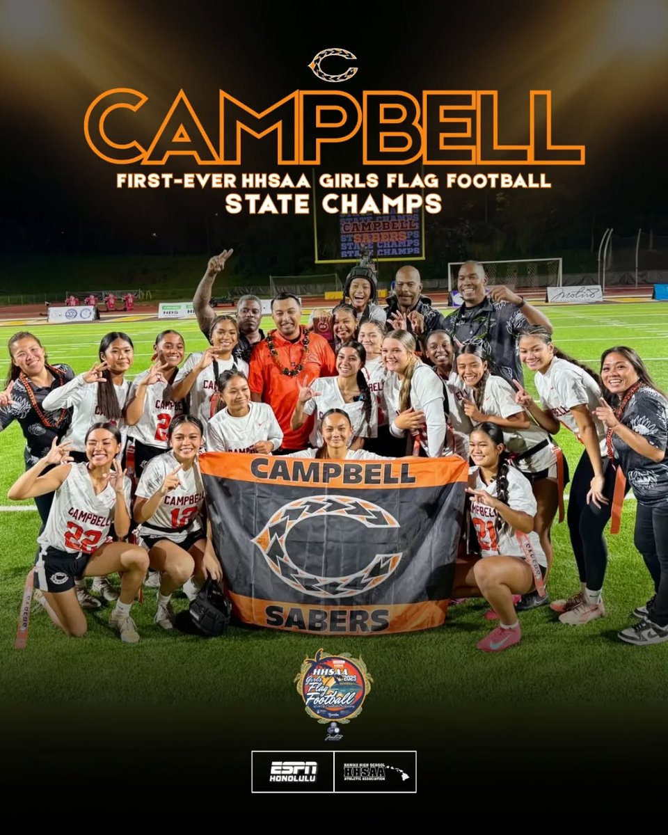 HERSTORY MADE! 🏈🏆

Shoutout to the Lady Sabers for making history as the first-ever HHSAA Girls Flag Football State Champions!

Trailblazers. Game-changers. CHAMPIONS. This is just the beginning! 

Final: Campbell 6, Leilehua 0