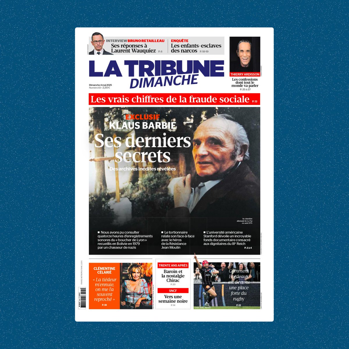 🔎 𝗔̀ 𝗟𝗔 𝗨𝗡𝗘
■ Trente-huit ans après le procès de Klaus Barbie, des archives inédites refont surface
■ Les confessions inédites de Klaus Barbie en Bolivie : « 𝘑𝘦𝘢𝘯 𝘔𝘰𝘶𝘭𝘪𝘯 𝘮'𝘢 𝘥𝘪𝘵 : 𝘷𝘰𝘶𝘴 𝘢𝘭𝘭𝘦𝘻 𝘱𝘦𝘳𝘥𝘳𝘦 𝘭𝘢 𝘨𝘶𝘦𝘳𝘳𝘦 »