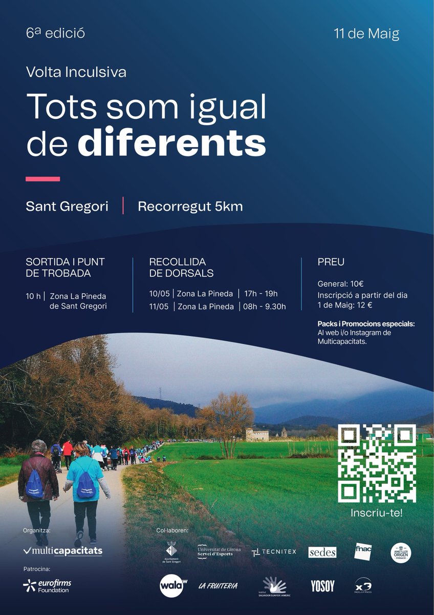 📢 Diumenge 11 de Maig 6ª edició "Volta Inclusiva" #TotsSomIgualDeDiferents de #Multicapacitats‼️
⏰ Horari: 10:00 h.
📍 Punt de trobada: Zona de La Pineda de #SantGregori
✍ Inscripcions:
multicapacitats.playoffinformatica.com/actividad/24/V…