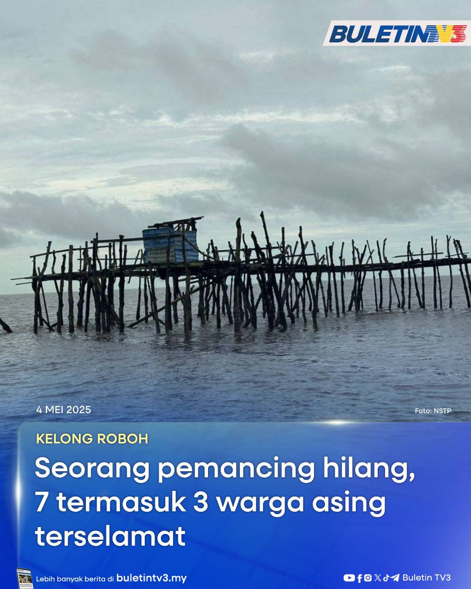 BuletinTV3's tweet image. KELONG ROBOH | Seorang pemancing dikhuatiri hilang manakala tujuh termasuk tiga warga asing terselamat selepas sebuah kelong memancing roboh pada kedudukan satu batu nautika dari Sungai Lurus, Senggarang, Batu Pahat, awal pagi tadi.

#BuletinTV3 #kelongroboh #pemancing #hilang