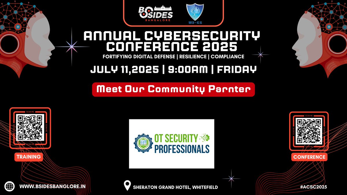🚨 Announcing our Community Partner!
We're thrilled to welcome OT Security Professionals to BSides Bangalore 2025! 🤝
📍 Sheraton Grand, Bangalore
📅 July 11, 2025 | ⏰ 9AM–6PM

🎟️ Early bird tickets LIVE: lnkd.in/gtvTsirq
#BSidesBangalore #Cybersecurity #OTSecurity