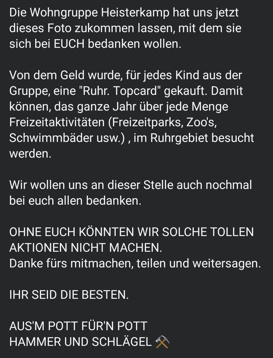 Glück auf, Kumpelinen und Kumpels.....

Ihr könnt euch doch bestimmt noch an unsere große Weihnachtstombola, im letzten Jahr, erinnern?

Die Wohngruppe Heisterkamp, möchte DANKE sagen.🫶🏼

#s04