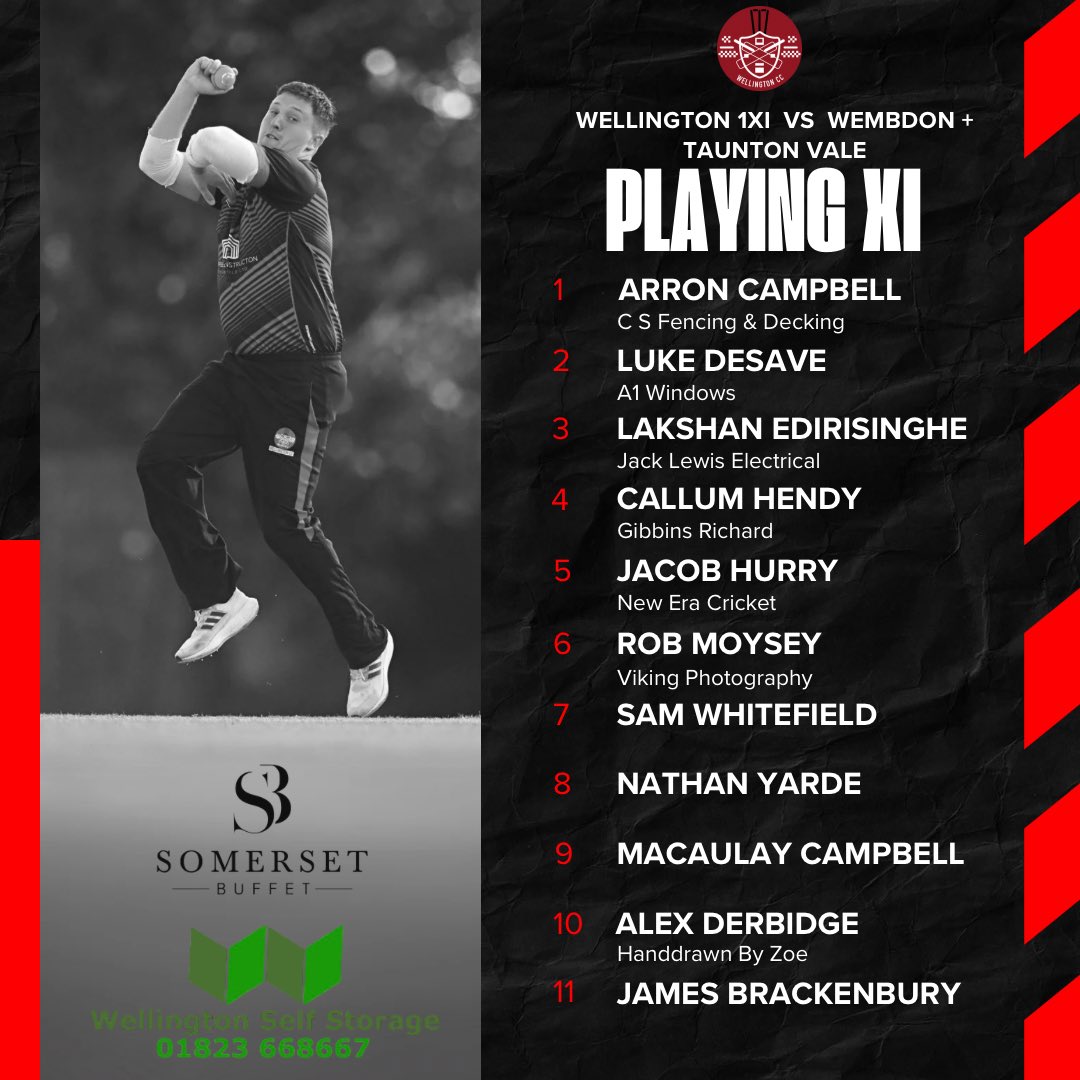 National T2️⃣0️⃣ day! 

Here is the side taking on <a href="/TCCofficial1829/">Taunton Cricket Club</a> and <a href="/wembdoncc/">Wembdon Cricket Club</a> in the National T20.

⏰13:00 vs <a href="/TCCofficial1829/">Taunton Cricket Club</a> 
⏰16:00 vs <a href="/wembdoncc/">Wembdon Cricket Club</a> 
📍Wembdon CC