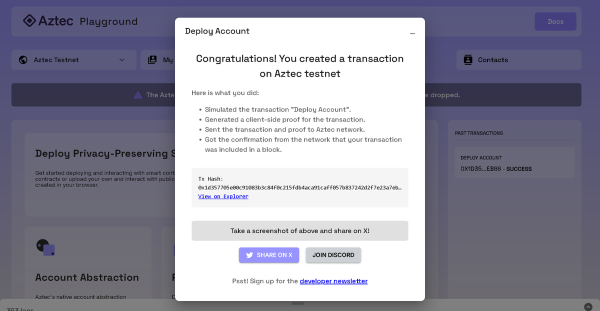 I sent a private transaction on <a href="/aztecnetwork/">Aztec</a> Public Testnet by generating a client-side proof.

Try it yourself with Aztec Playground: play.aztec.network