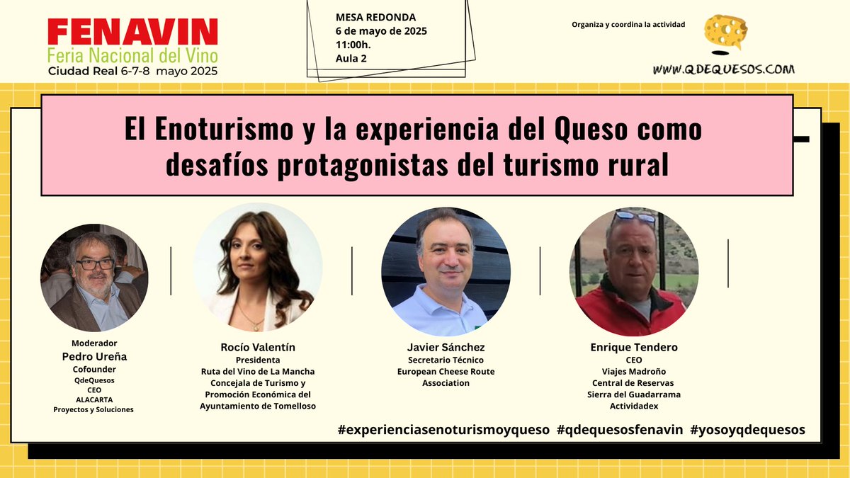 Tenemos una cita el martes 06/05 en <a href="/Fenavin_Oficial/">Fenavin</a> 
Mesa redonda sobre lo que significa el #Turismo gastronómico y sus versiones del #enoturismo #turisomodelqueso
Ponentes:
#rutadelvinodelamancha
#eurpoeancheeseroute
#centraldereservassierradeguadarrama

<a href="/qdequesos/">Q de Quesos</a> 
#turista