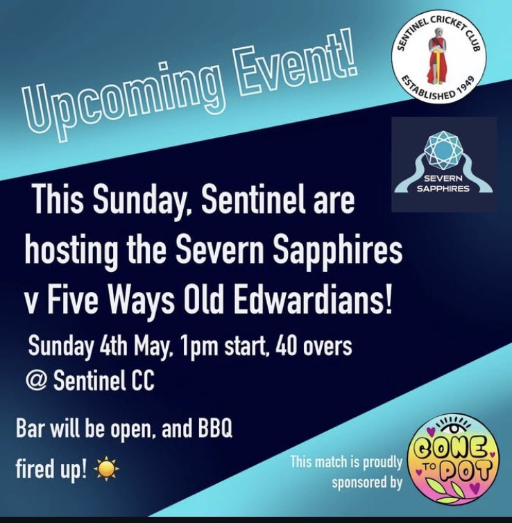 Game day! 🏏🔷

Our first game of the season has our first team take on Five Ways Old Edwardians at Sentinel CC. 

Team to play:
R Mathews *+
L Jones 
A Deacon
A Connelly
B Mullard-Wilson
E Palmer
J Wozniak
K Brazier
M Wigley
M Parry
S Parton