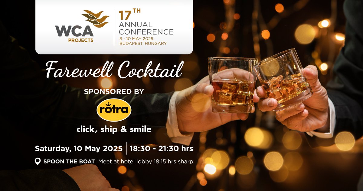 WCA_Projects's tweet image. For those who have pre-registered, join us tonight as we wrap up #WCAProjects2025 at the Farewell Cocktail tonight. 🍸

A special thank you to Rotra Air &amp;amp; Ocean BV, our Farewell Cocktail Sponsor

#WCAProjects2025 #WCAProjects #GlobalConnections #ProjectLogistics #ProjectCargo
