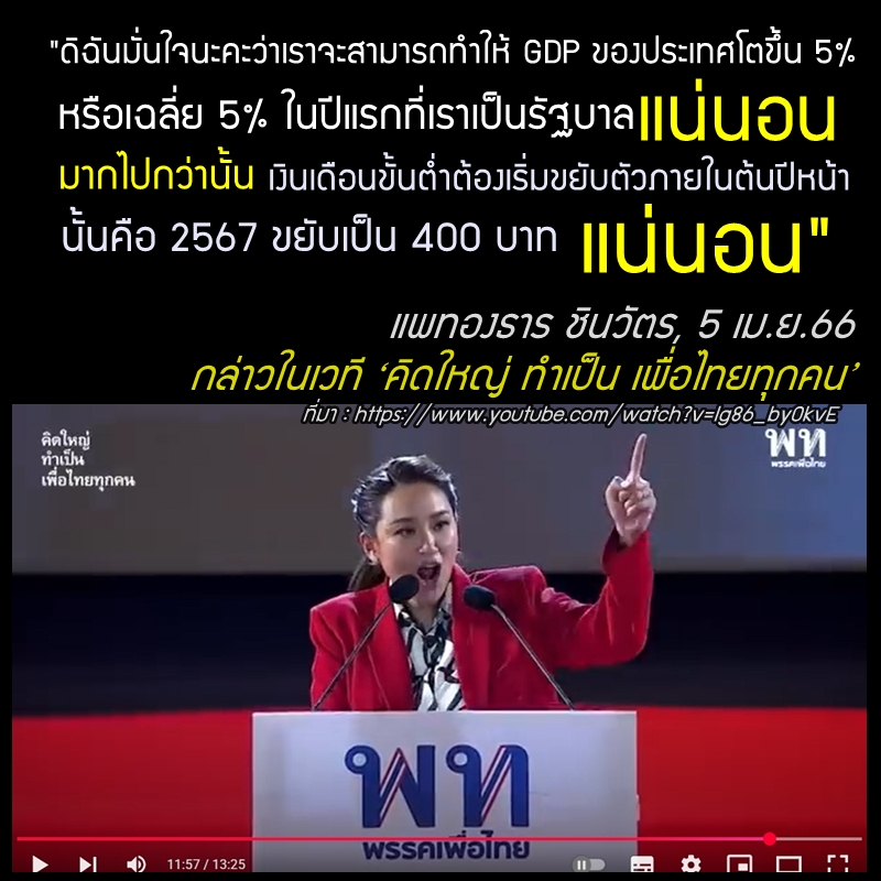 quote_wiwata's tweet photo. "ดิฉันมั่นใจนะคะว่าเราจะสามารถทำให้ GDP ของประเทศโตขึ้น 5% หรือเฉลี่ย 5% ในปีแรกที่เราเป็นรัฐบาลแน่นอน
มากไปกว่านั้น เงินเดือนขั้นต่ำต้องเริ่มขยับตัวภายในต้นปีหน้า นั้นคือ 2567 ขยับเป็น 400 บาท แน่นอน"

แพทองธาร ชินวัตร
กล่าวในเวที ‘คิดใหญ่ ทำเป็น เพื่อไทยทุกคน’ ตอน ‘One Team for all Thais : หนึ่งทีมเพื่อไทยทุกคน’ ณ ธันเดอร์โดม สเตเดียม เมืองทองธานี วันที่ 5 เมษายน 2566
