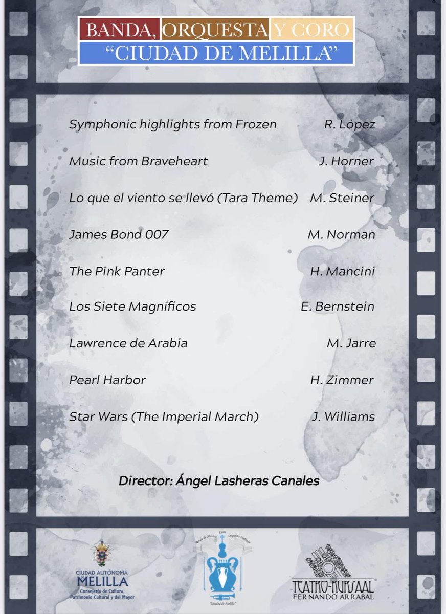 La Banda de Música ‘Ciudad de #Melilla’ inaugurará mañana la XVII Semana de Cine <a href="/SCineMelilla/">Semana de Cine de Melilla</a> con un concierto de música de películas. 
Será en el Teatro Kursaal a partir de las 21.00 horas.  Las entradas se pueden comprar a 5 euros en bacantix.com.