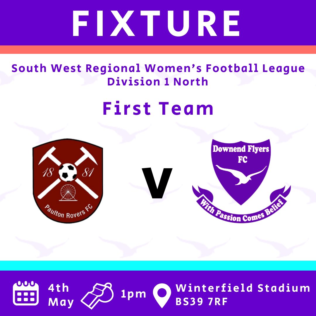 ⚽ GAME DAY ⚽
The final league game of the season for the women's section today as the first team play away at Paulton Rovers with earlier kickoff of 1pm.

1️⃣ First Team v Paulton Rovers (A)

#uptheflyers #purplepower #Fixtures #FemaleFootball #womensfootball #league #onebigclub