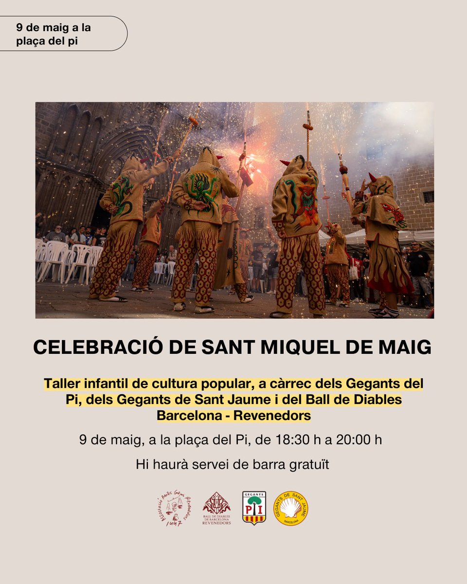 Associació Antic Gremi Revenedors, 1447 (@revenedors) on Twitter photo 🎉 Amb motiu de la celebració de Sant Miquelet, el pròxim divendres 9 de maig, a la plaça del Pi, l’Associació ha organitzat, juntament amb els <a href="/gegantsdelpi/">Els Gegants del Pi</a>, els <a href="/GegantsStJaume/">Gegants de Sant Jaume</a> i el <a href="/balldiablesbcn/">Ball de Diables de Barcelona - Revenedors</a>, un taller familiar de cultura popular.
Us hi esperem! 🙌🏼 🎉 Amb motiu de la celebració de Sant Miquelet, el pròxim divendres 9 de maig, a la plaça del Pi, l’Associació ha organitzat, juntament amb els <a href="/gegantsdelpi/">Els Gegants del Pi</a>, els <a href="/GegantsStJaume/">Gegants de Sant Jaume</a> i el <a href="/balldiablesbcn/">Ball de Diables de Barcelona - Revenedors</a>, un taller familiar de cultura popular.
Us hi esperem! 🙌🏼