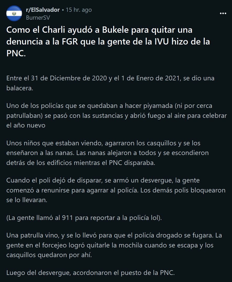 Residente de la IVU revela en Reddit que Charli ayudó a Nayib Bukele a  lograr que la comunidad retirara ante la Fiscalía una denuncia contra la  PNC.